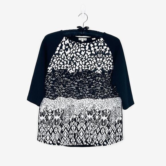 Reiss Melinda Mixed Media Top Small Black White Cotton Blend Lace Abstract - Picture 3 of 13